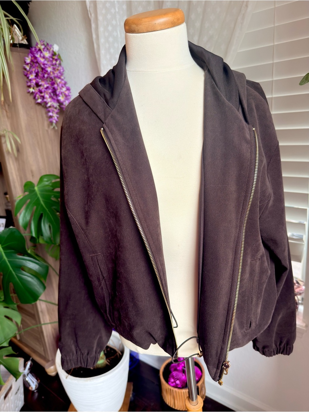 NWT Zara Chocolate Brown Hooded Bomber Jacket with Gold Zipper